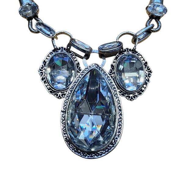 Double Strand Silver Clear Tear drop Statement Necklace - Picture 2 of 3